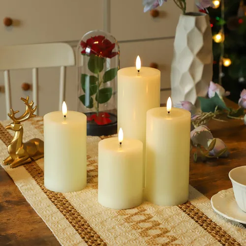 Vista 3 de Lezonic Velas LED de color marfil sin llama con temporizador remoto, paquete de 4 velas parpadeantes, diseño de grasa, pilar de cera real