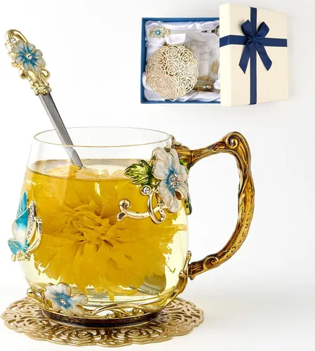 Vista 14 de Taza de té con flores, taza de café de vidrio con mariposa y margarita, con cuchara, caja de regalo para su mamá, esposa, abuela, niñas, amigas