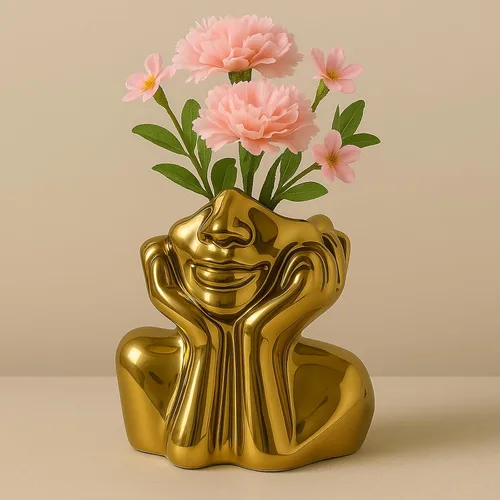 Vista 2 de Jarrón de Cara Jarrón de Cerámica Único para Habitación, Oficina, Decoración del Hogar, Dorado, A Small Boho Cute Female Form Head Bust Vase