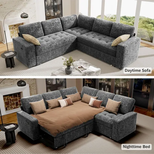 Vista 5 de Vipbear Sofá cama modular en forma de L de 5 asientos con cama extraíble/respaldo reclinable/puertos USB/asiento de almacenamiento, sofá cama Gris
