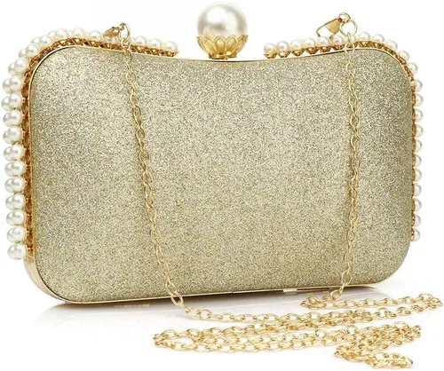 Vista 2 de YYW Bolso de mano de noche brillante con decoración de perlas para mujer, bolso de mano de lentejuelas para fiesta, bolso de hombro para boda