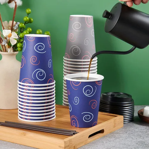 Vista 3 de TV TOPVALUE Paquete de 100 vasos de papel de 12 onzas, tazas de café desechables con tapas y pajitas para agua potable, té, utilizado para el hogar