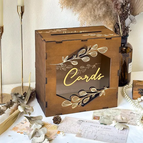 Vista 2 de Caja de tarjetas de boda marrón OurWarm con ventana de acrílico, caja de tarjetas de regalo de madera para decoraciones de recepción de boda, caja