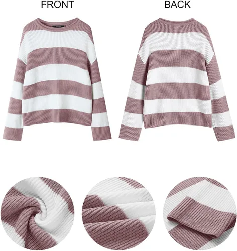 Vista 24 de ZESICA Suéter tejido sin botones de manga larga y cuello redondo, a rayas, bloques de color, cómodo, holgado, talla extragrande para mujer de 2024