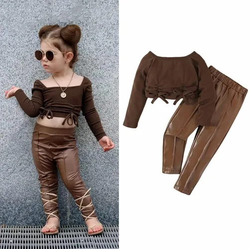 Vista 2 de Conjunto de 2 piezas de ropa de otoño e invierno, camiseta de manga larga abombada, pantalones largos rectos, ropa de moda para bebé
