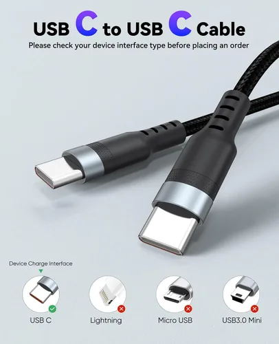Vista 8 de Cable USB C de 1 pie, 2 unidades, carga rápida de 60 W, cable de carga USB