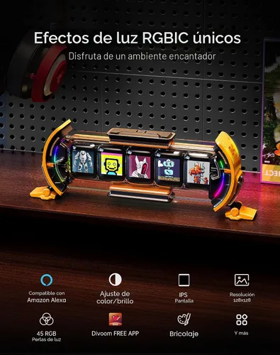 Vista 3 de Divoom Times Gate - Reloj digital de configuración de juegos cyberpunk con control inteligente de aplicación, conexión WiFi, pantalla LED RGB, panel