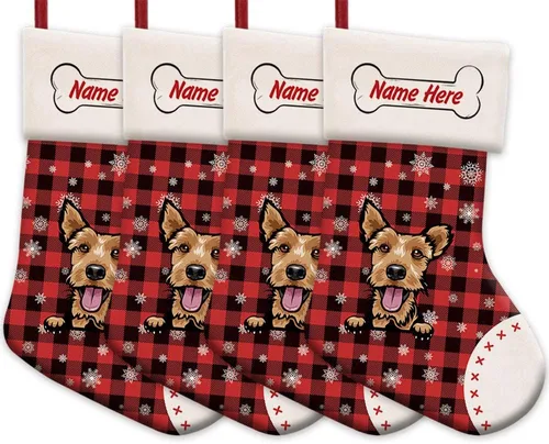 Vista 43 de Foto personalizada, Feliz Navidad, búfalo rojo, a cuadros, feliz perro, calcetín de Navidad, copo de nieve, decoración de vacaciones, calcetín