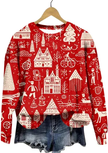 Vista 3 de Traje de Navidad para mujer, de gran tamaño, lindo estampado gráfico 3D, cuello redondo, manga larga, traje de invierno