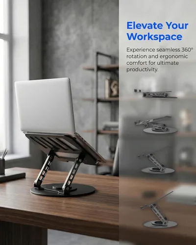 Vista 3 de Soporte para portátil ajustable giratorio de 360°, totalmente plegable, doble eje rotativo, elevador de laptop, escritorio de pie portátil Negro