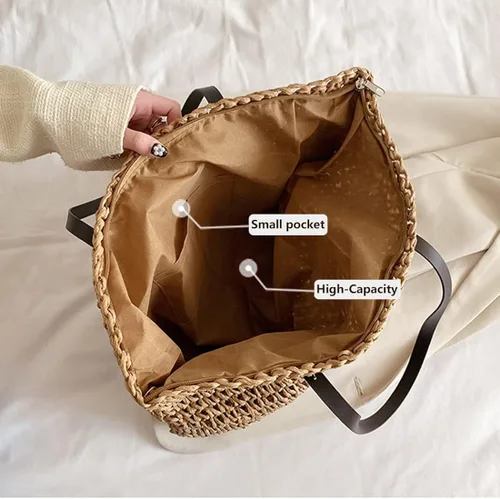 Vista 3 de VODIU Bolso de mano clásico de paja para mujer, bolso de hombro de playa bohemio