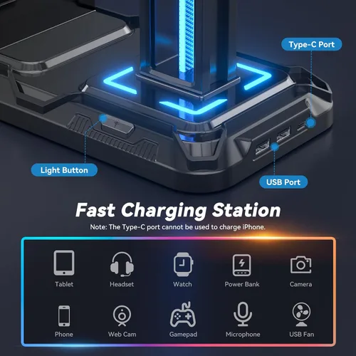 Vista 3 de KDD Headset Stand with Charging Station - Detachable Controller Holder with 9 Light Modes - Rotatable Headphone Hanger with USB A&C Charger Ports