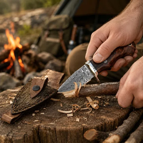 Vista 6 de Cuchillo de Desollar para Cuello de Acero de Damasco Hecho a Mano de 6", Mango de Palisandro con Protector de Acero y Funda de Cuero, Mejor Regalo