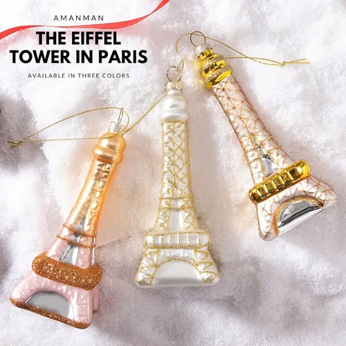 Vista 6 de Adornos de vidrio para Navidad de la Torre Eiffel de París, adornos de vidrio soplado para árbol de Navidad (Oro Rosa)