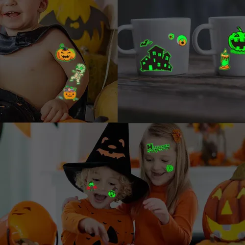 Vista 5 de CHARLENT Tatuajes temporales luminosos de Halloween para suministros de fiesta de niños, 120 estilos que brillan en la oscuridad de Halloween