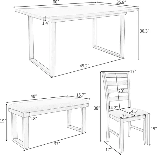 Vista 7 de Quarte Juego de mesa de comedor de 6 piezas, juego de mesa rectangular de madera rústica con 4 sillas y banco, perfecto para cocina y familia