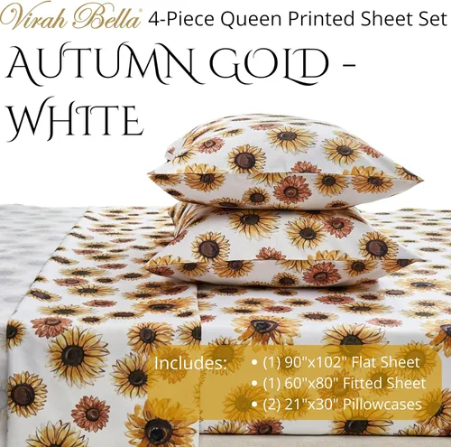 Vista 2 de Virah Bella Juego de sábanas de microfibra con estampado de 4 piezas tamaño queen - Otoño dorado - Blanco