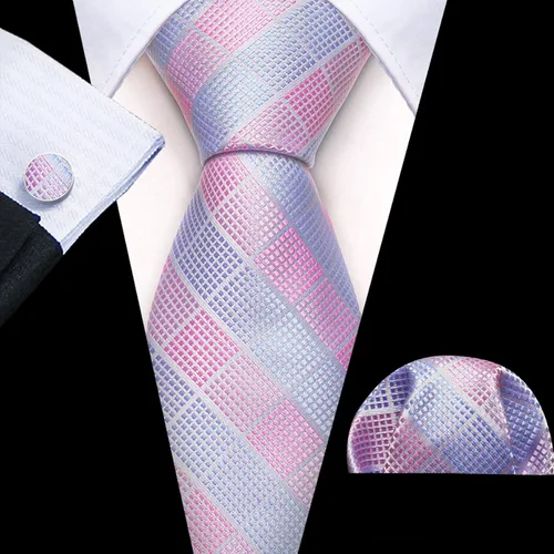 Vista 127 de Barry.Wang Juego de corbatas a cuadros para hombre con pañuelo gemelos de rayas clásicas