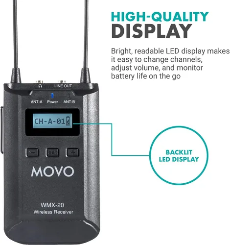 Vista 7 de Movo Sistema de micrófono inalámbrico UHF de 48 canales con 2 micrófonos inalámbricos y receptor, paquete de micrófono de condensador