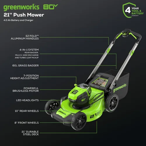 Vista 2 de Greenworks - Cortacésped de empuje de 80 V y 21 pulgadas, batería de 4.0 Ah y cargador