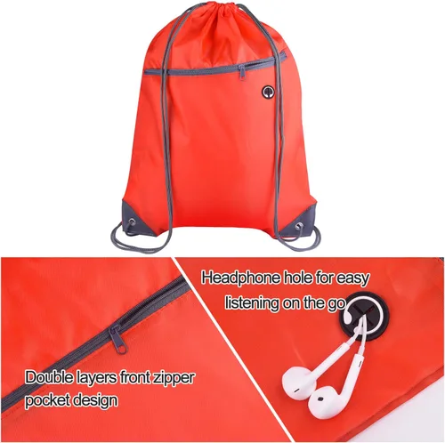 Vista 4 de KUUQA Bolsas de mochila con cordón a granel con bolsillo con cremallera y agujero para auriculares, Rojo -, Viajar