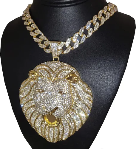 Vista 3 de Colgante de cabeza de león dorado jumbo chapado en oro y cadena cubana de 0591in 16 pulgadas 18 pulgadas 20 pulgadas 24 pulgadas collar de hip hop