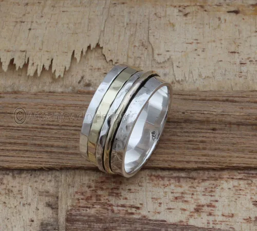 Vista 2 de 925 Silver Ring, Handmade Ring Women, Wide Band Ring, Spinning Silver Ring, Fidget Spinner Ring, Anxiety Spinner Ring, Spinner Band Ring, Thumb