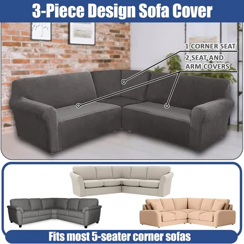 Vista 3 de YOPOIY Fundas de terciopelo para sofá esquinero, 3 piezas, en forma de L, alta elasticidad, suave y lavable a máquina, protector de muebles