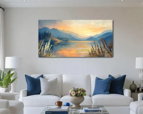 Vista 2 de Arjun Pintura de Paisaje Puesta de Sol Montaña Lago Arte de Pared en Lienzo con Textura Enmarcado Grande 40"x20"- Impresiones de Cuadros Serenos