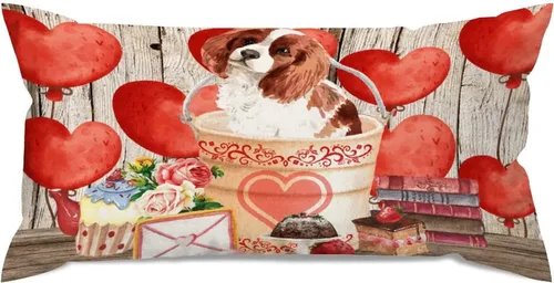 Vista 19 de Fundas de almohada lumbar con textura de madera rústica para perro en cubo, diseño de corazón rojo para el día de San Valentín, fundas de almohada