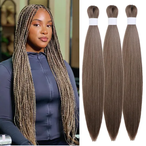 Vista 48 de Pelo corto negro trenzado preestirado de 14 pulgadas para trenzas sin nudos, pelo sintético 1B trenzado para trenzas Bob Box
