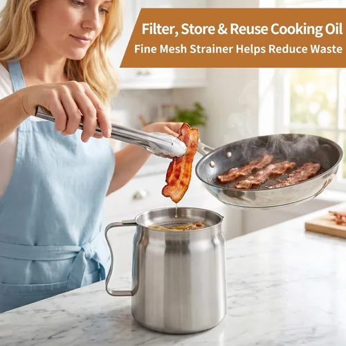 Vista 9 de Recipiente de Filtro de Aceite de 2L para Guardar Grasa de Tocino con Colador, Recipiente de Grasa de Tocino de Acero para Verter de 68oz de Gran