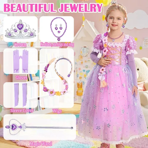 Vista 4 de Vestido de princesa morado para niñas pequeñas, disfraz para fiesta de cumpleaños, carnaval, Halloween