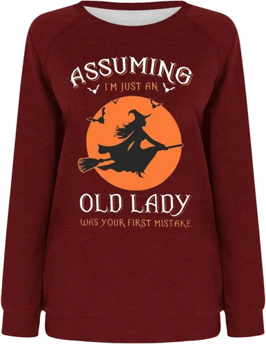 Vista 3 de Mzkdieey Halloween Witch Sweatshirt Women Assuming I'm Just An Old Lady Was Your First Mistake Shirt Long Sleeve Pullover Top