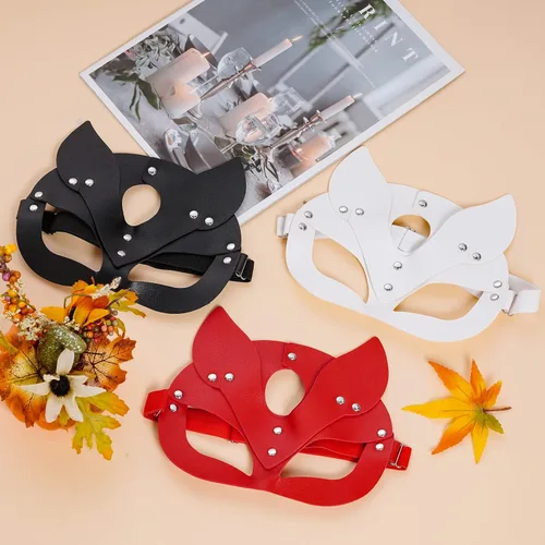 Vista 4 de Yookat Paquete de 3 máscaras de cuero para fiesta de máscaras, máscara de piel de zorro, máscara de mascarada para mascarada, cosplay, fiesta