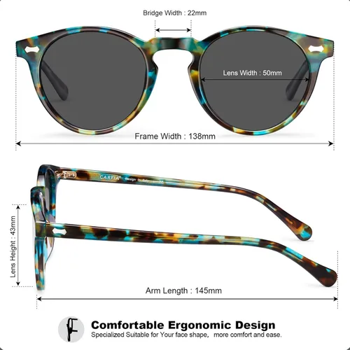 Vista 23 de CARFIA Gafas de sol polarizadas de acetato redondo para mujer, protección UV de cara pequeña con funda de cuero CA5288