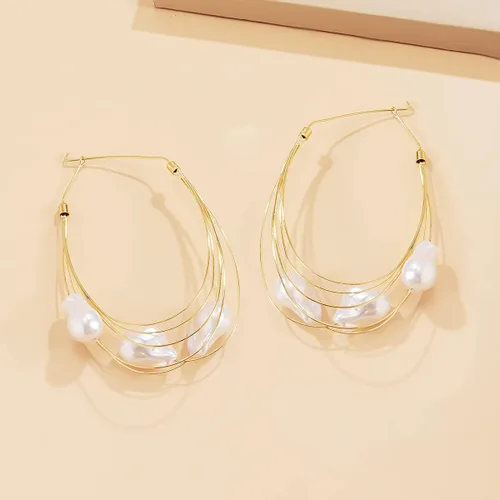 Vista 6 de JUMWRIT Delicados aretes colgantes grandes de oro con perlas para mujeres y niñas