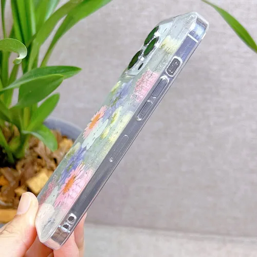 Vista 6 de Abbery Funda diseñada para iPhone 13 Pro con diseño de flores prensadas con purpurina y diseño de goma de silicona suave, diseño de flores reales