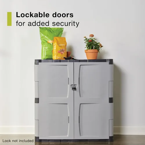 Vista 6 de Rubbermaid Freestanding Storage Cabinet with Doors 18"D x 36"W x 37"H Medium Gray/Black Two-Shelf Lockable Cabinet for Indoor/Outdoor/Garage Storage