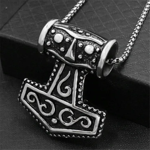 Vista 4 de Collar con colgante de martillo de Thors de acero inoxidable, vintage, vikingo, nórdico, con cadena