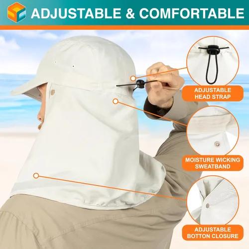 Vista 4 de SUN CUBE Sombrero de sol de pesca con solapa para el cuello y cubierta facial, UPF50+ gorra de protección UV de ala ancha para hombres y mujeres