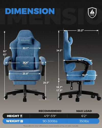 Vista 2 de GTPLAYER Silla de juegos grande y alta con reposapiés, sillas de videojuegos de asiento extra anchas para adultos, silla reclinable ergonómica Azul