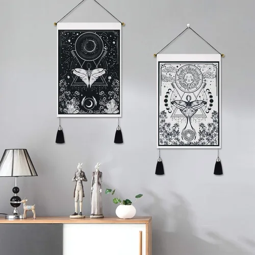 Vista 3 de Paquete de 2 tapices de sol y luna, tapiz blanco y negro con diseño de vid de flores, para colgar en la pared para habitación (13.8 x 19.7 pulgadas)