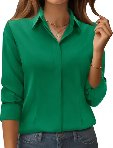 Vista 18 de siliteelon Camisas con botones para mujer: ajuste clásico, resistente a las manchas, manga larga, sin arrugas, oficina de negocios