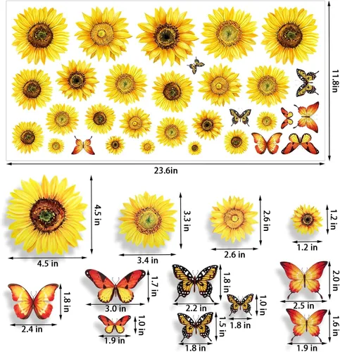 Vista 2 de 100 calcomanías de pared para ventana de girasol con mariposa 3D, decoración de vinilo de 1 a 4 pulgadas, calcomanías autoadhesivas de girasol