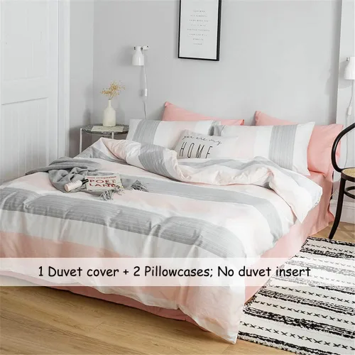Vista 2 de DREAMINGO - Juego de ropa de cama a rayas de FenDie, color melocotón, blanco y gris, juego de 2 fundas de almohada, funda de edredón de algodón