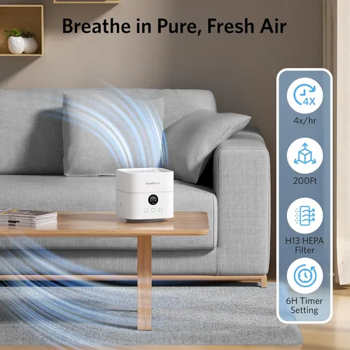 Vista 3 de Purificador de Aire y Humidificador Combo para Dormitorio, Cubre hasta 200 pies², Filtro H13 HEPA Verdadero, Tanque de Agua de 500ML, Difusor