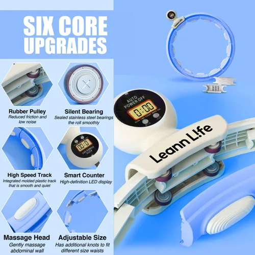 Vista 4 de Leann L!fe U5 Smart Weighted Hula Hoop with Counter –16 Knots, 28"–46" Adjustable Infinity Hoop Plus Size, Quiet Rubberized Wheels, Ab Workout