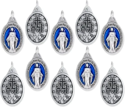 Vista 2 de Caritas et Fides Paquete de 10 medallas milagrosas Colgante de medalla milagrosa de 1 pulgada de plata oxidada con esmalte azul para collar