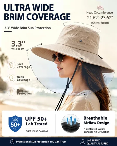 Vista 2 de Sombrero de lluvia impermeable de ala ancha para mujeres y hombres UPF50+ Beige
